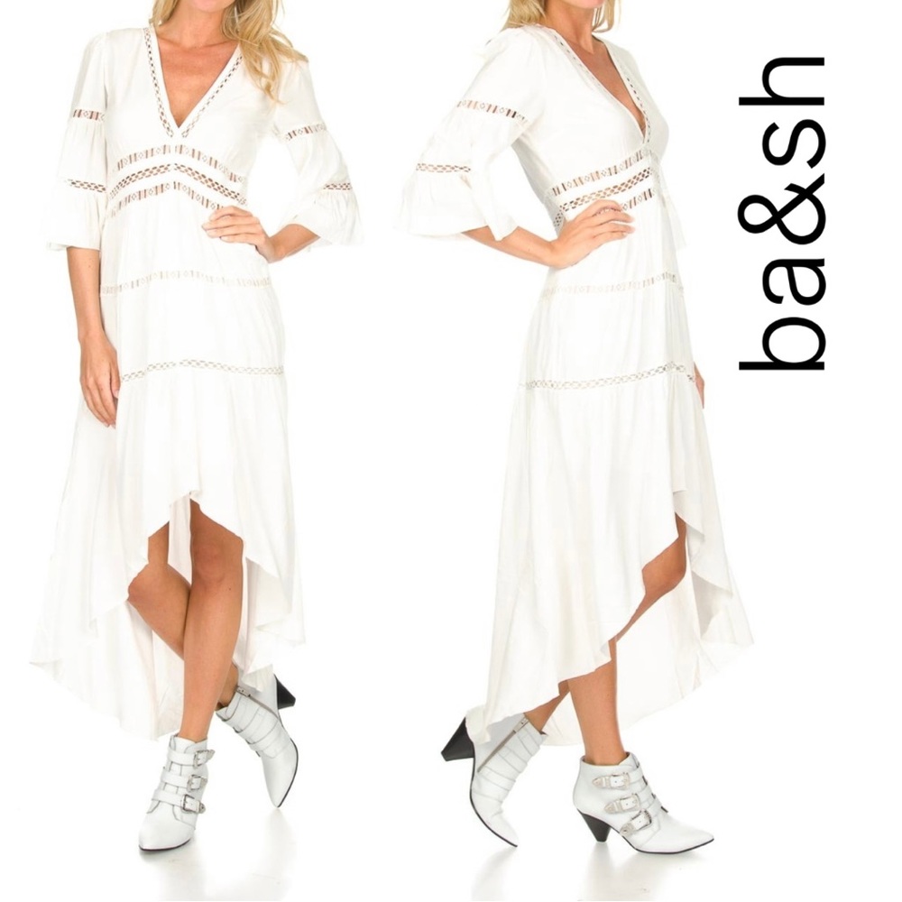 ba&sh White V-Neck High-Low Midi Dress with Lace Insets